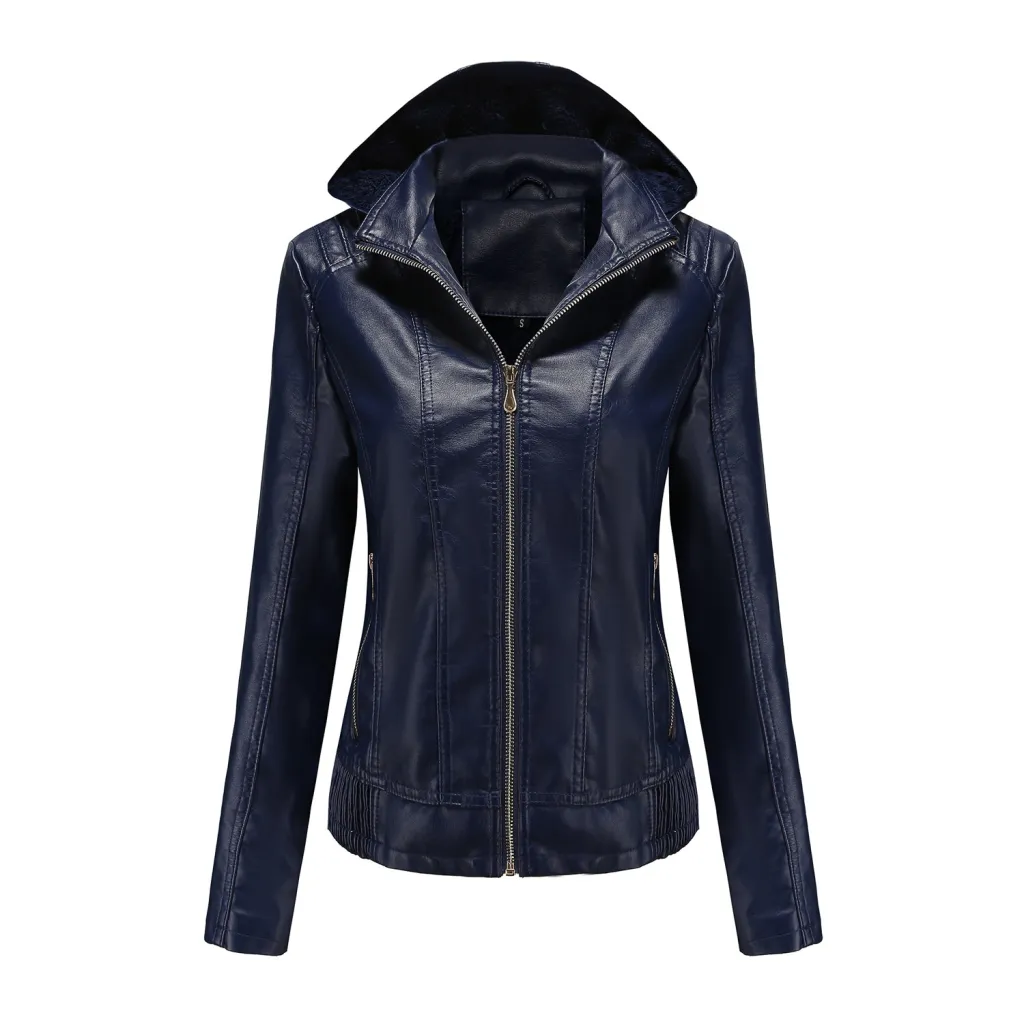 Women's Clothing Fleece-lined Thickened Leather Coat Hooded - Dark Blue 2