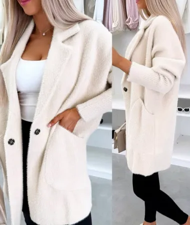 Lapel Button Pocket Women's Plush Coat - Apricot