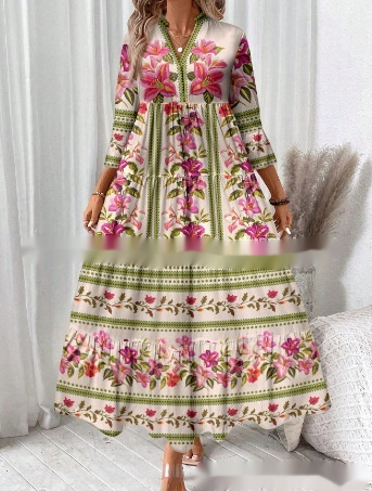 Women's Casual Floral Printed V neck Pleated Long Sleeve Dress Style 4 - Shop at LoveMi