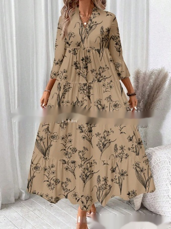 Women's Casual Floral Printed V neck Pleated Long Sleeve Dress Style 7 - Shop at LoveMi