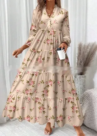 Women's Casual Floral Printed V neck Pleated Long Sleeve Dress Style 11 - Shop at LoveMi