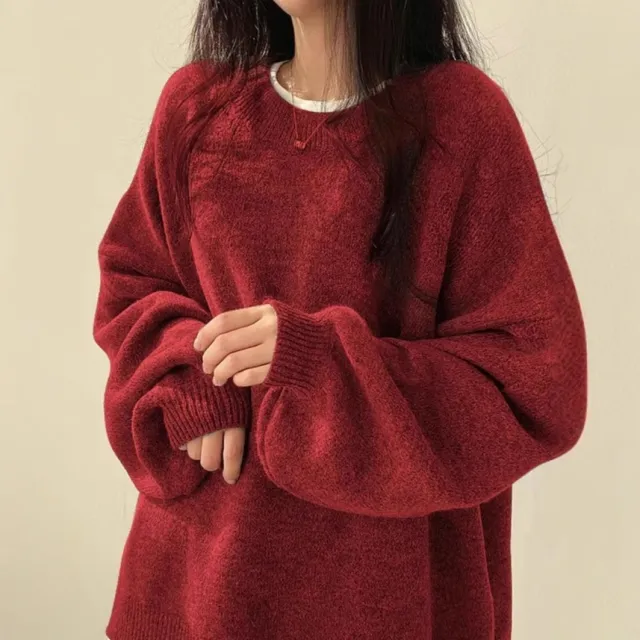 Temperament Crew Neck Pullover Lantern Sleeve Loose Sweater For Women Red - Shop at LoveMi