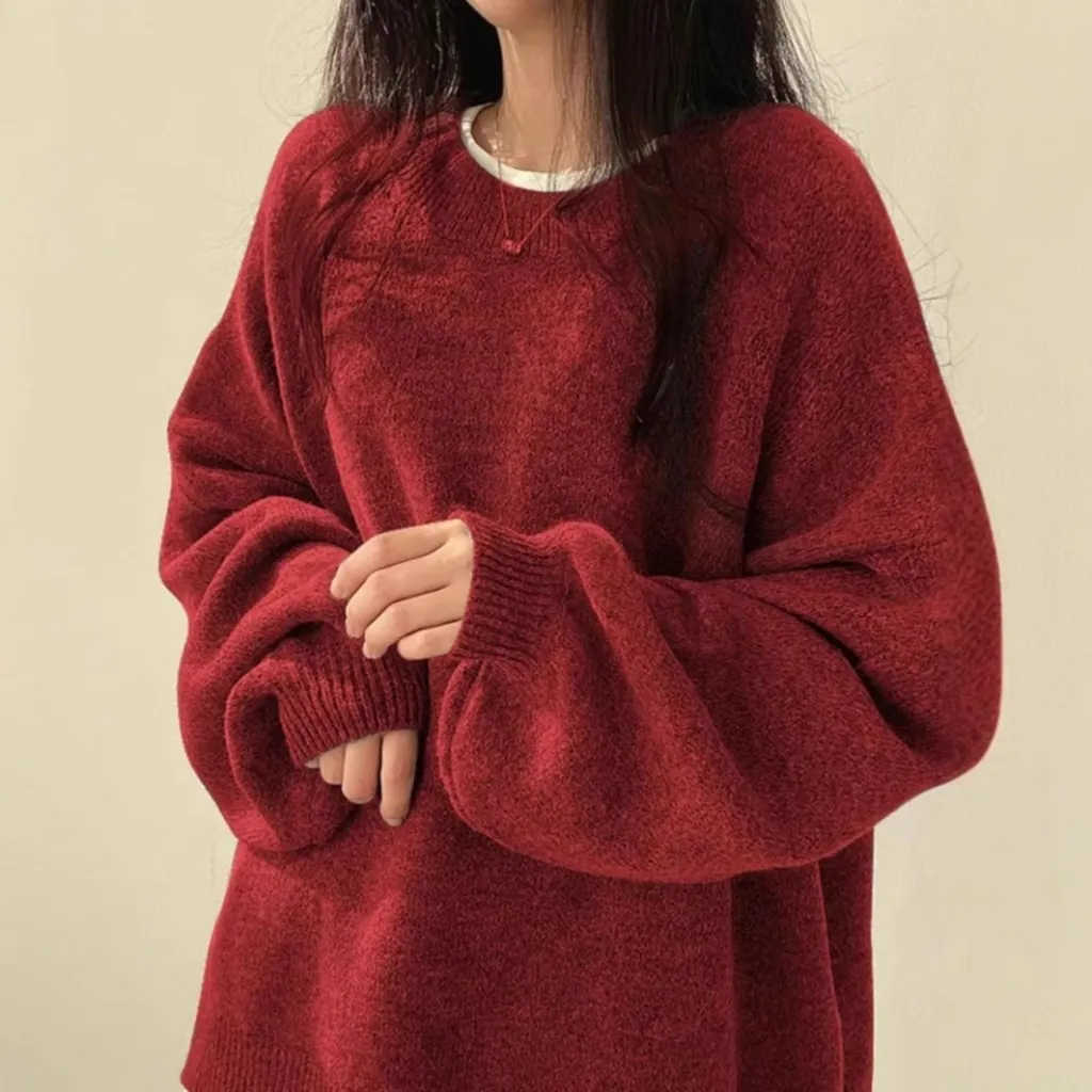 Temperament Crew Neck Pullover Lantern Sleeve Loose Sweater For Women - Red