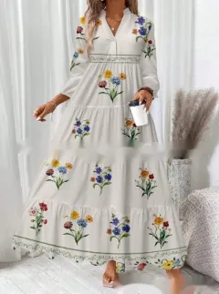 Women's Casual Floral Printed V-neck Pleated Long Sleeve Dress - Style 5 - View 1