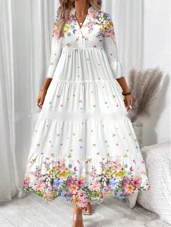 Women's Casual Floral Printed V neck Pleated Long Sleeve Dress Style 1 - Shop at LoveMi