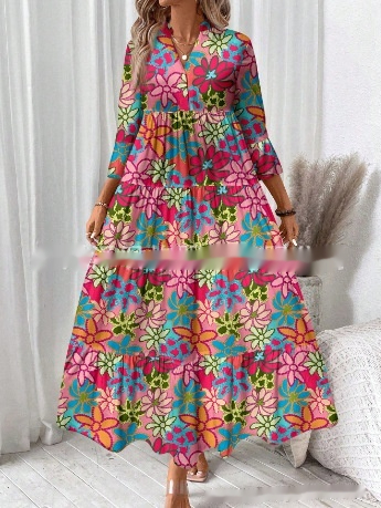 Women's Casual Floral Printed V neck Pleated Long Sleeve Dress Style 12 - Shop at LoveMi