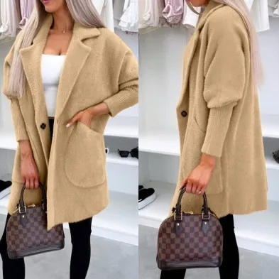 Lapel Button Pocket Women's Plush Coat Khaki - Shop at LoveMi
