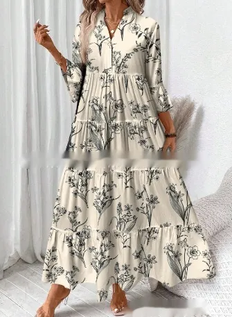 Women's Casual Floral Printed V neck Pleated Long Sleeve Dress Style 14 - Shop at LoveMi