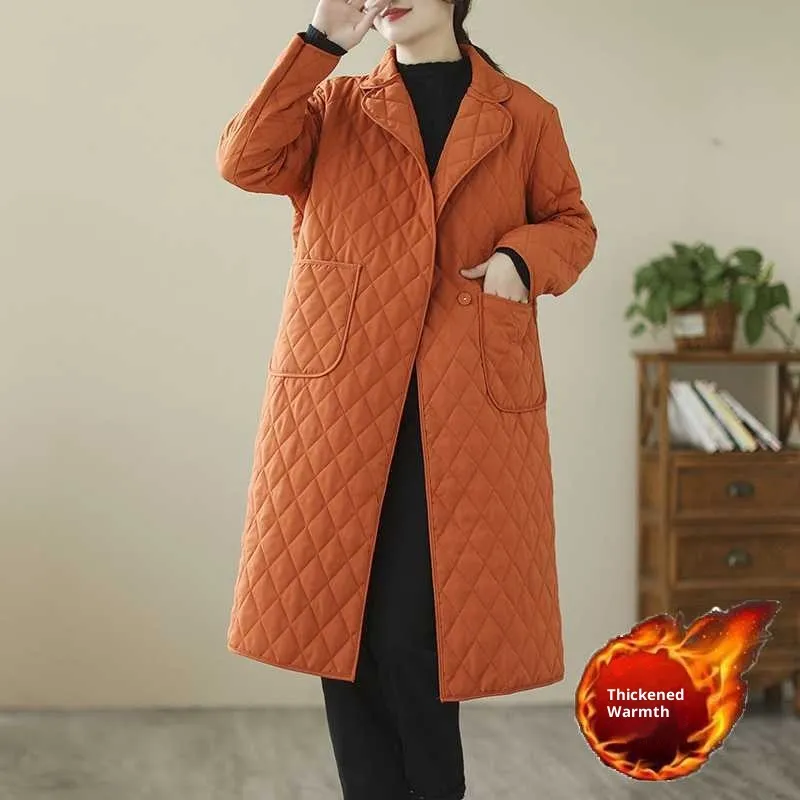 Artistic Retro Diamond Lattice Cotton-padded Clothes Mid-length Coat And Trench Coat - Orange