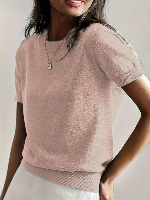 Round Neck Short Sleeve Thin Loose Casual Women's Sweater Rose Brown - Shop at LoveMi