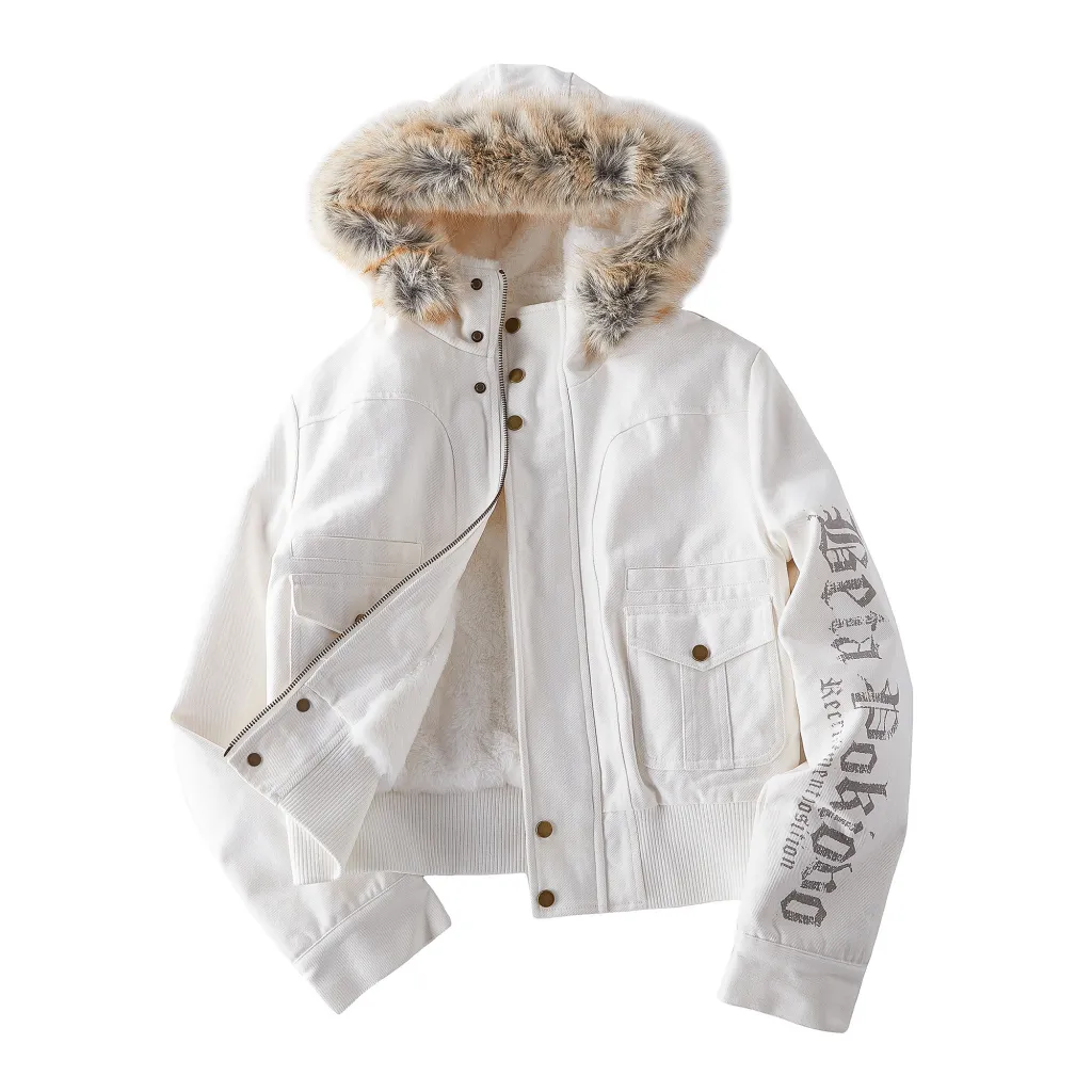 Big Fur Collar Double Placket Zipper Thickening Micro Velvet Lined Turtleneck - White