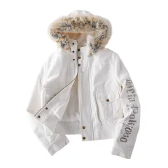 Big Fur Collar Double Placket Zipper Thickening Micro Velvet Lined Turtleneck - White - View 1