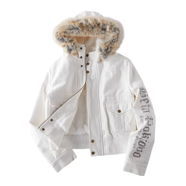 Big Fur Collar Double Placket Zipper Thickening Micro Velvet Lined Turtleneck White - Shop at LoveMi