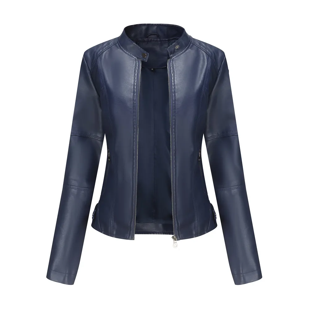 Women'S Leather Dress Slim Jacket Spring Autumn Coat - Blue