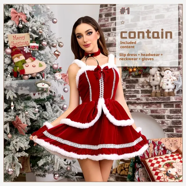 Sexy Bandeau Christmas Clothes European And American Style Dress Bow Skirt Set 4Pcs - Shop at LoveMi