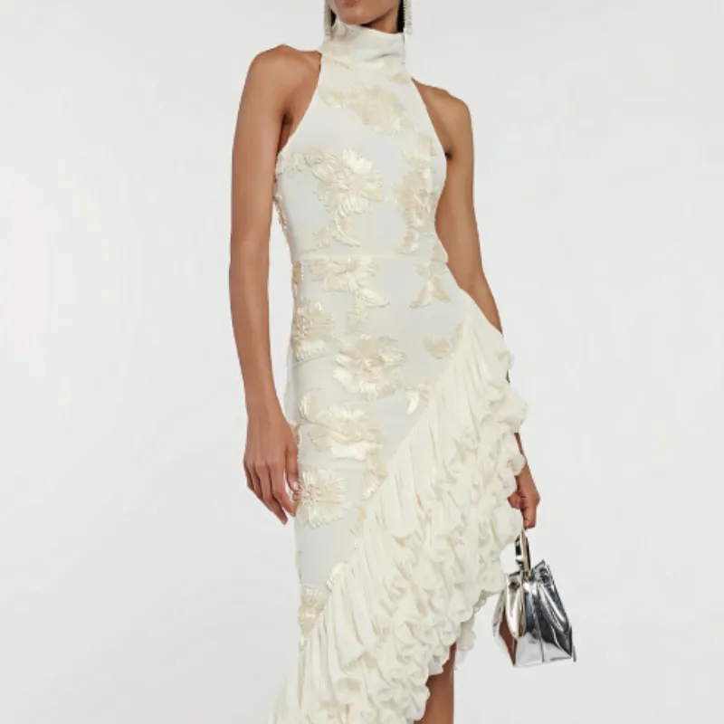 3D Stereoscopic Floral Embroidered Ruffled Mid-length Dress - White