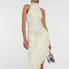 3D Stereoscopic Floral Embroidered Ruffled Mid-length Dress - White - View 1