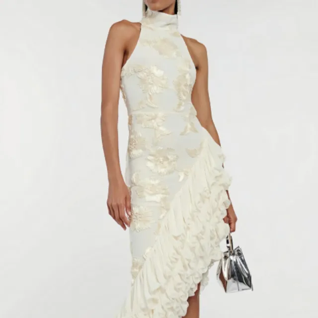 3D Stereoscopic Floral Embroidered Ruffled Mid length Dress White - Shop at LoveMi
