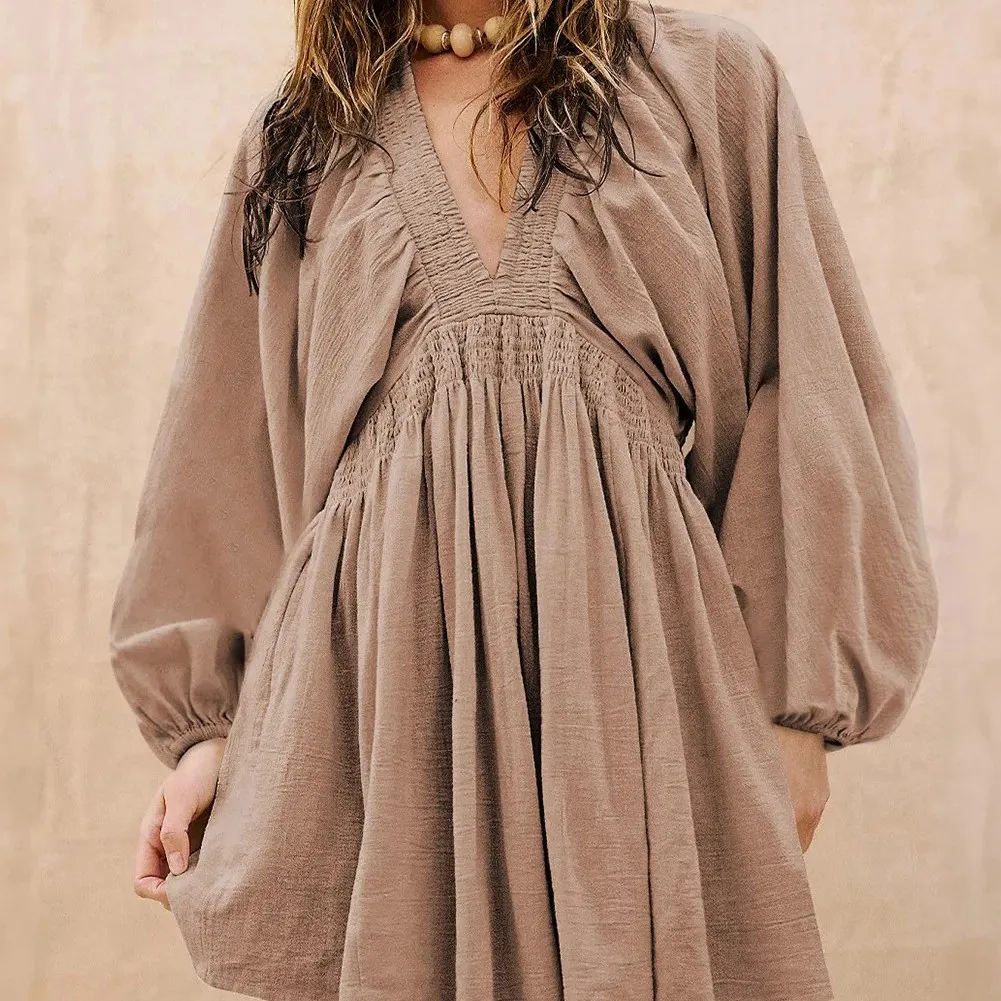 Smoke Gray Deep V Neck Bubble Sleeve Smocked Mini Dress - Smoke Gray - View 1