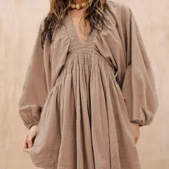 Smoke Gray Deep V Neck Bubble Sleeve Smocked Mini Dress - Smoke Gray - View 1