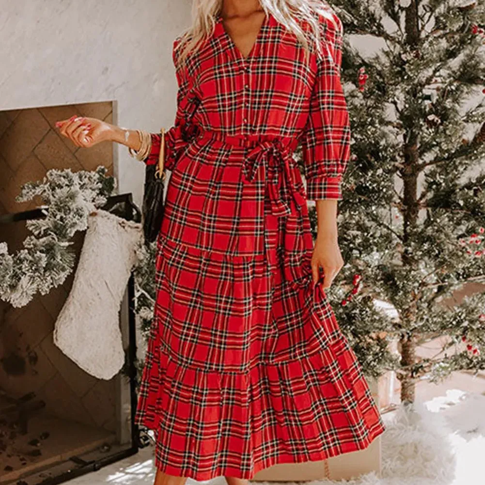 Red Christmas Plaid V-neck Dress - Red