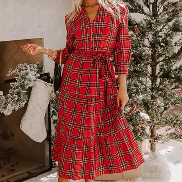 Red Christmas Plaid V neck Dress Red - Shop at LoveMi