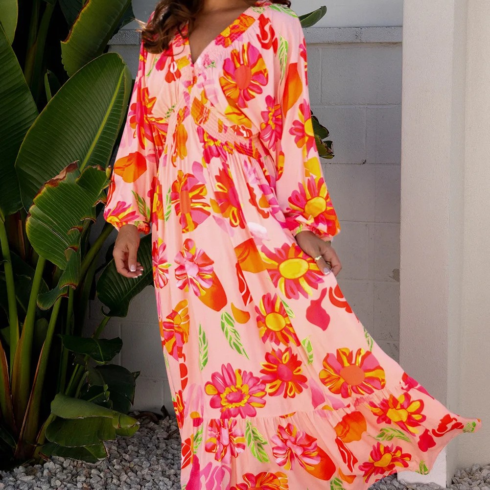 Beige Floral Print Smocked Detail V Neck Puff Sleeve Flowy Maxi Dress Beige - Shop at LoveMi