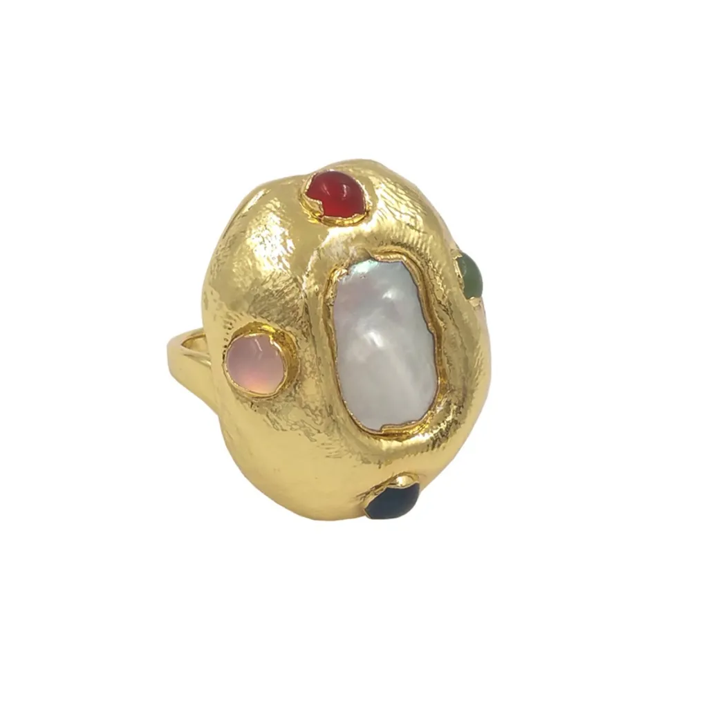 Natural Freshwater Colourful Pearl Zircon Inlaid 18K Gold-plated Open Adjustable Ring - Pearl