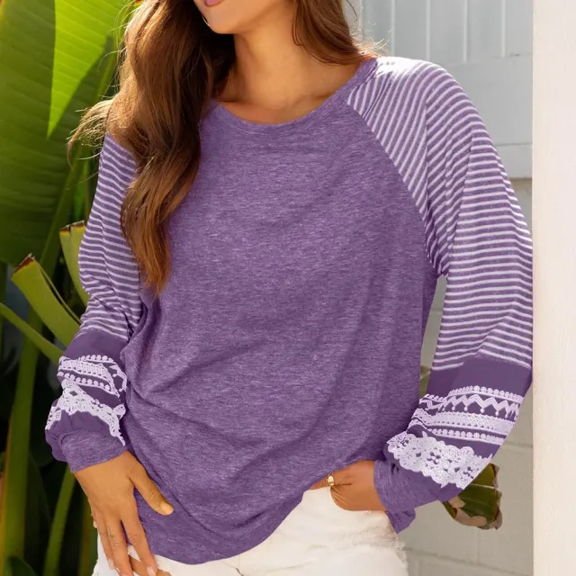 Tillandsia Purple Contrast Print Striped Raglan Long Sleeve Loose Top Purple - Shop at LoveMi