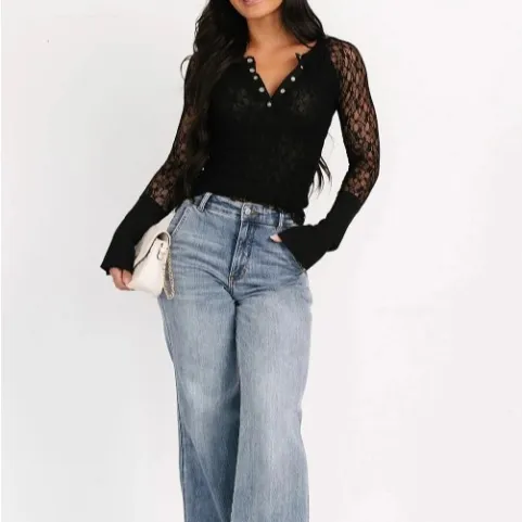 Black Transparent Lace Long Sleeve Slim Fit Henley Top Black - Shop at LoveMi
