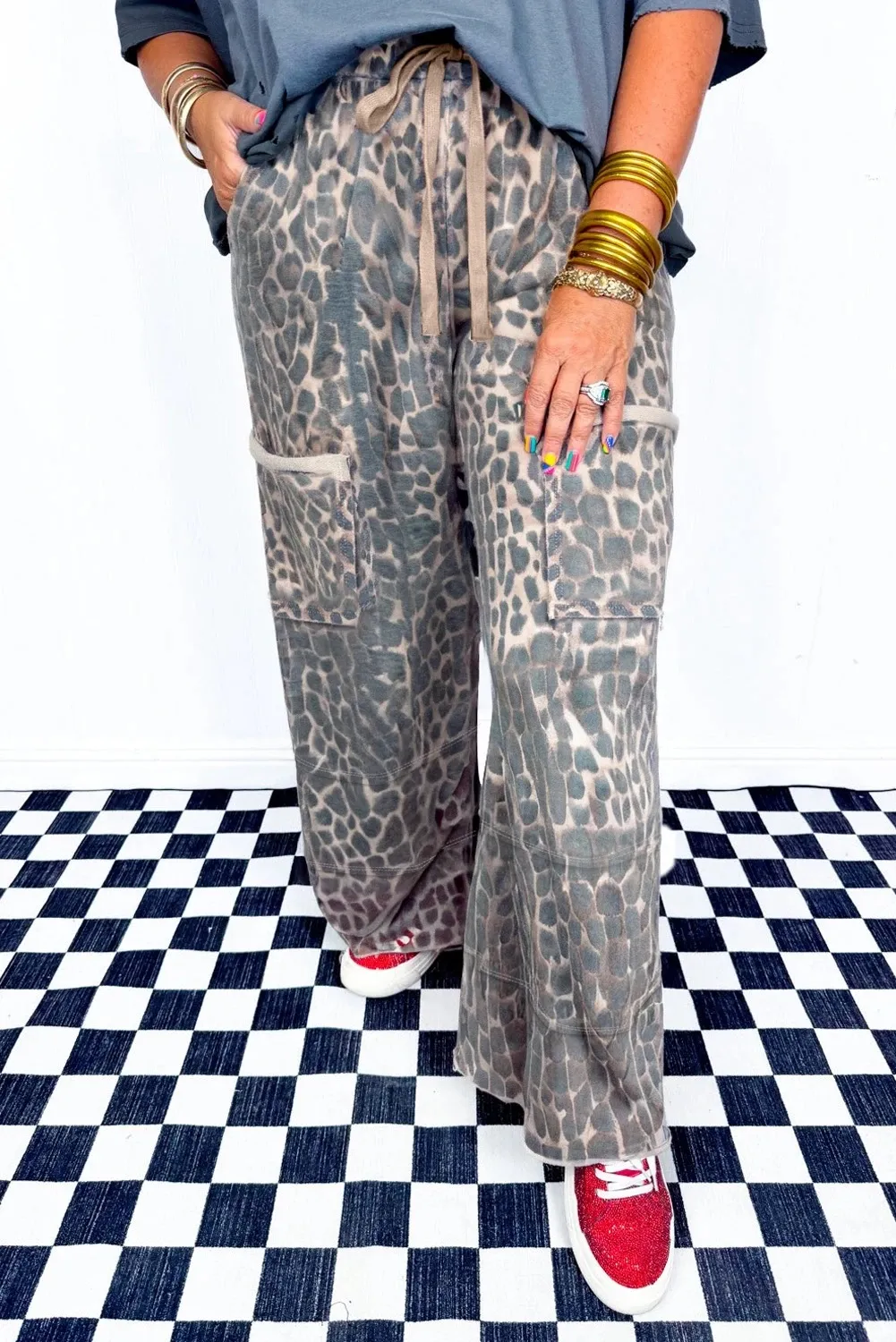 Khaki Plus Size Leopard Print Worn Patch Pocket Drawstring Loose Pants - Khaki
