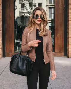 Autumn and winter women's fashion leather PU suit jacket - Khaki - View 1