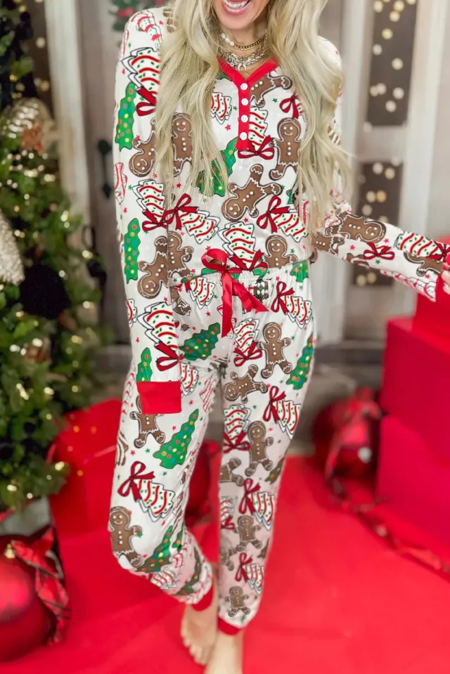 White Christmas Pattern Button V Neck Pullover Drawstring Pants Lounge Set White - Shop at LoveMi