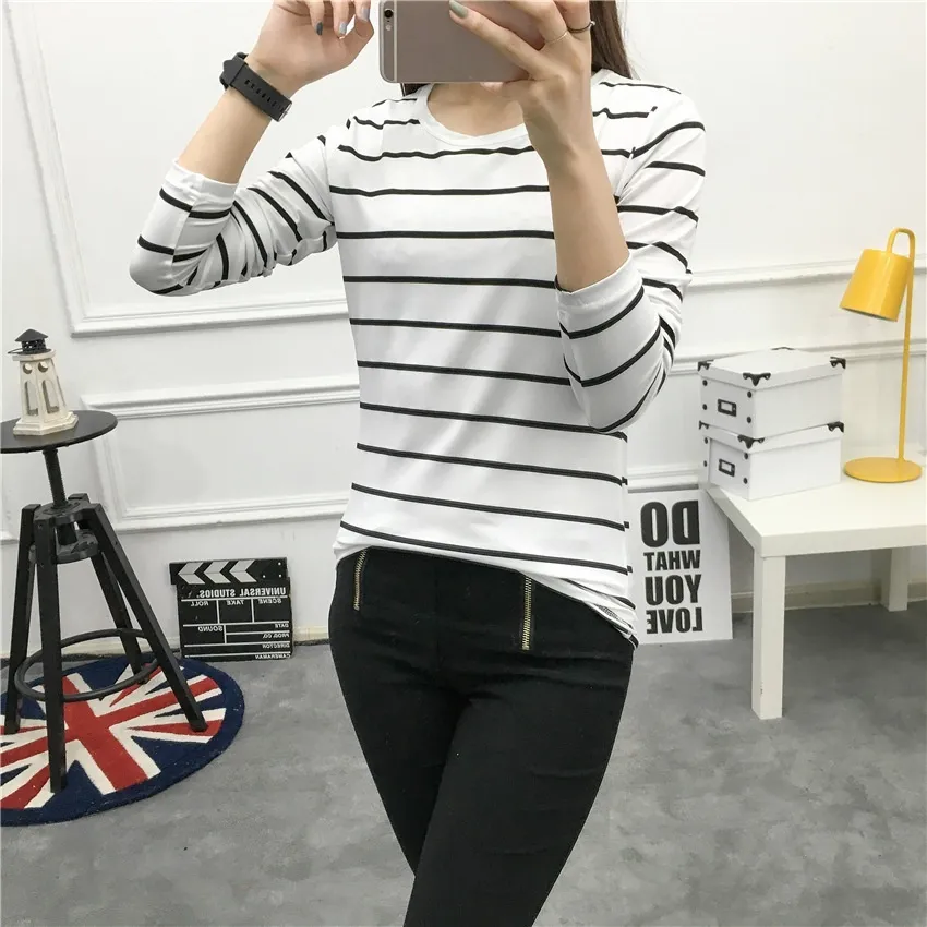 Striped Loose Long-sleeved T-shirt Women's Top - White