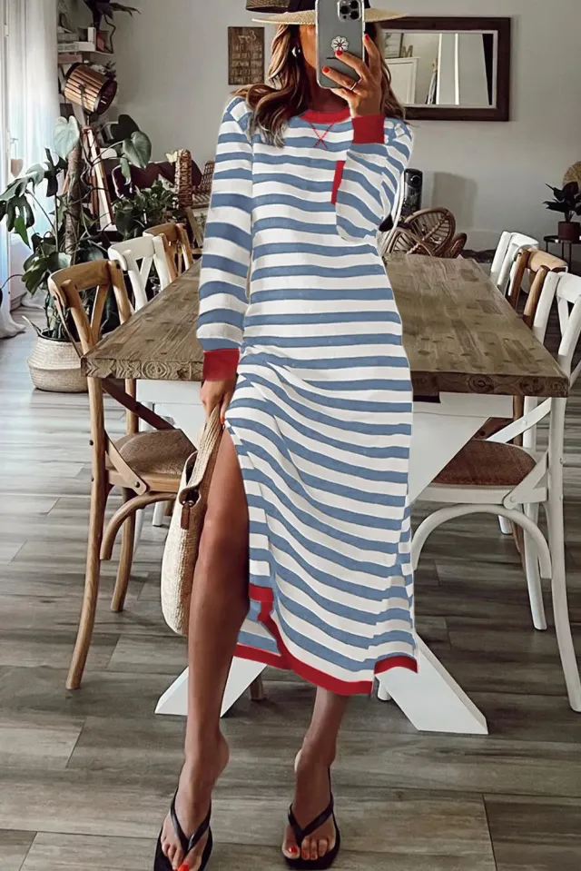 Striped Printed Long Sleeve Dress With Contrast Edge Sky Blue Stripe - Shop at LoveMi