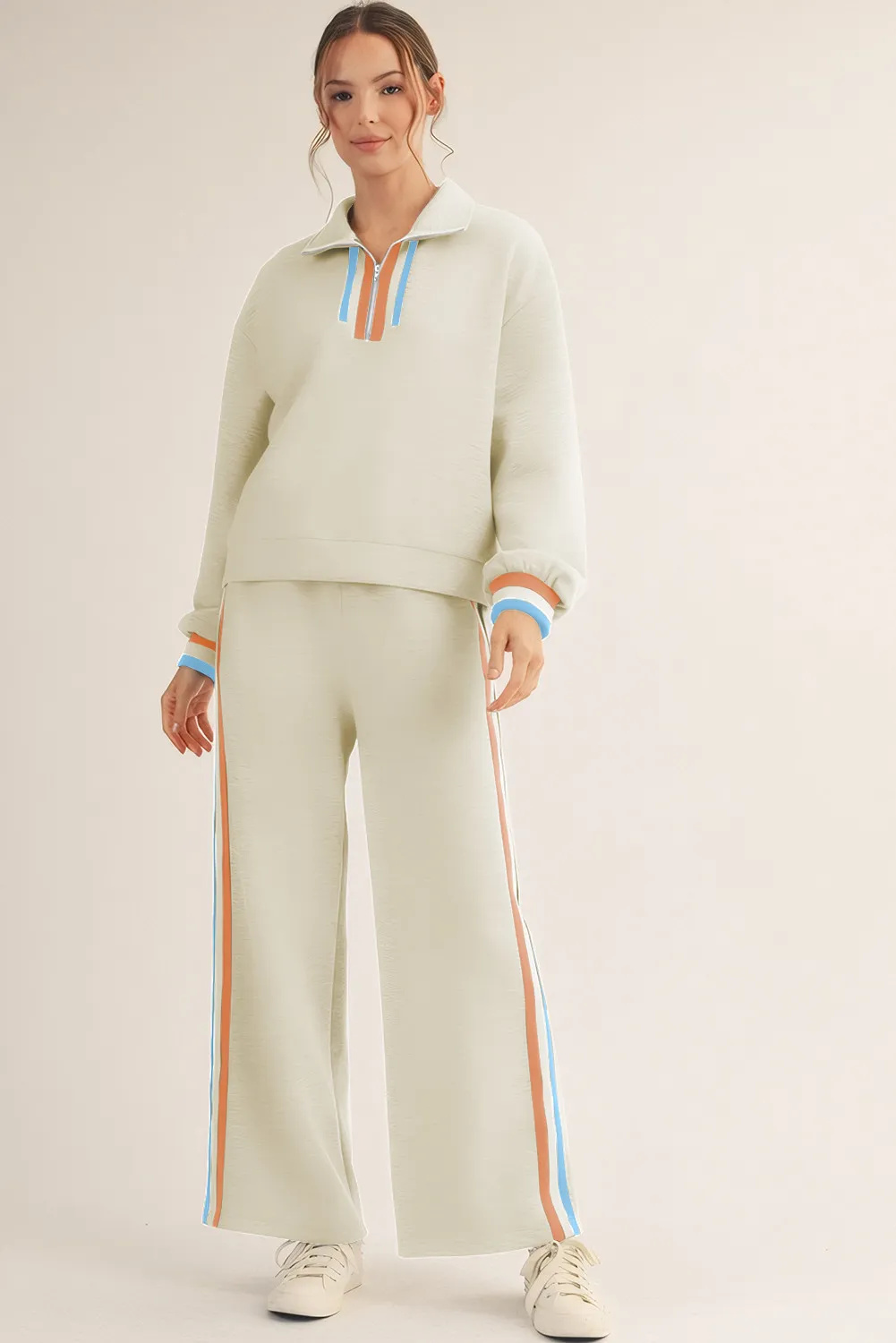 Apricot Striped Patchwork Quarter Zip Pullover Loose Pant Set - Image 1