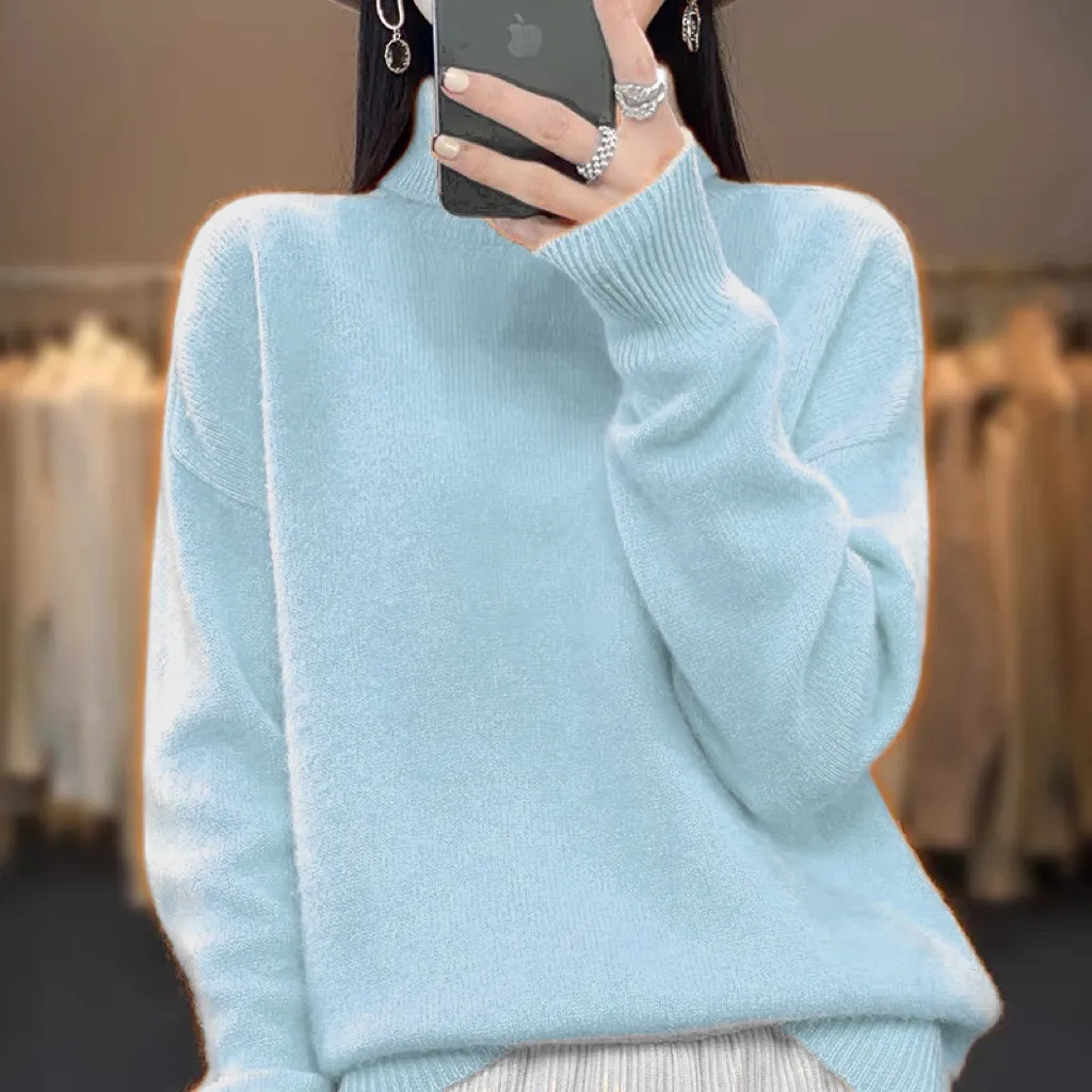 Women's Turtleneck Autumn And Winter Thickening Inner Wear Base Cashmere Sweater Sweater - Light Blue