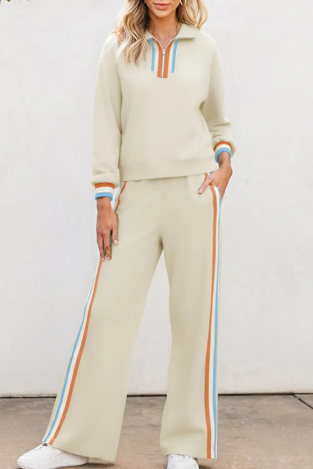 Apricot Striped Patchwork Quarter Zip Pullover Loose Pant Set - Image 4