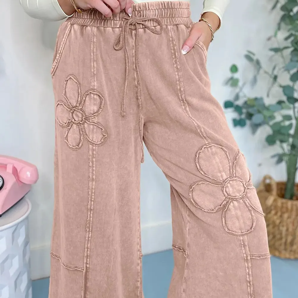 Buckskin Flower Patch Mineral Washed Terry Knit Cropped Wide Leg Pants - Buckskin