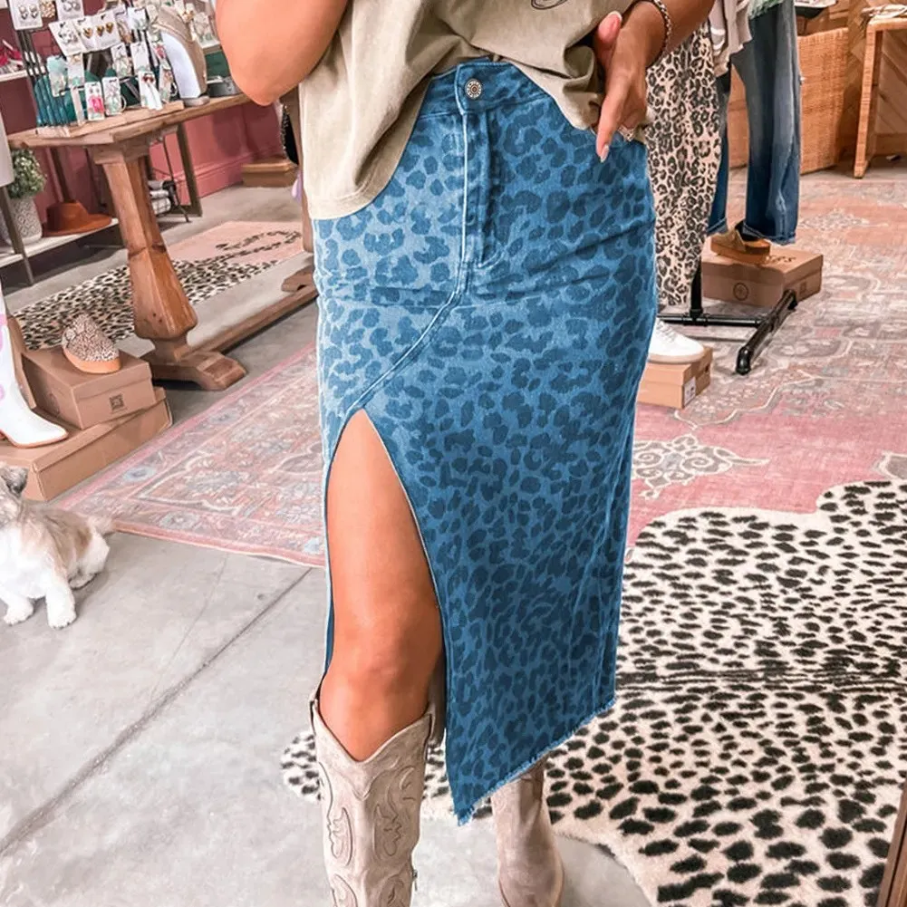 Sky Blue Leopard Denim Frayed Split Denim Midi Skirt - Sky Blue