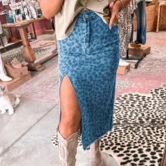 Sky Blue Leopard Denim Frayed Split Denim Midi Skirt - Sky Blue - View 1