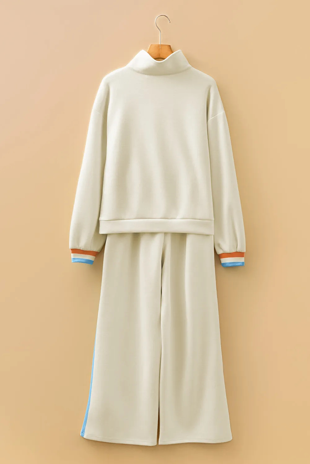 Apricot Striped Patchwork Quarter Zip Pullover Loose Pant Set - Image 3