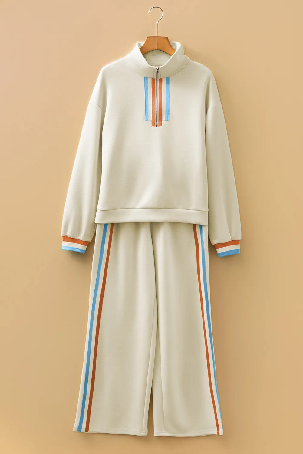 Apricot Striped Patchwork Quarter Zip Pullover Loose Pant Set - Image 2