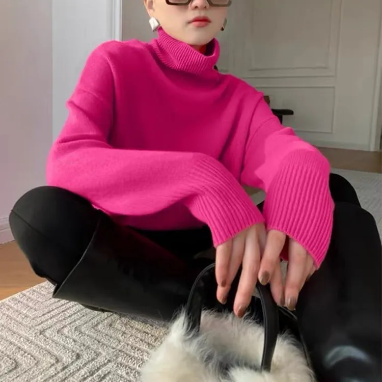 Women's Turtleneck Autumn And Winter Thickening Inner Wear Base Cashmere Sweater Sweater - Rose Red