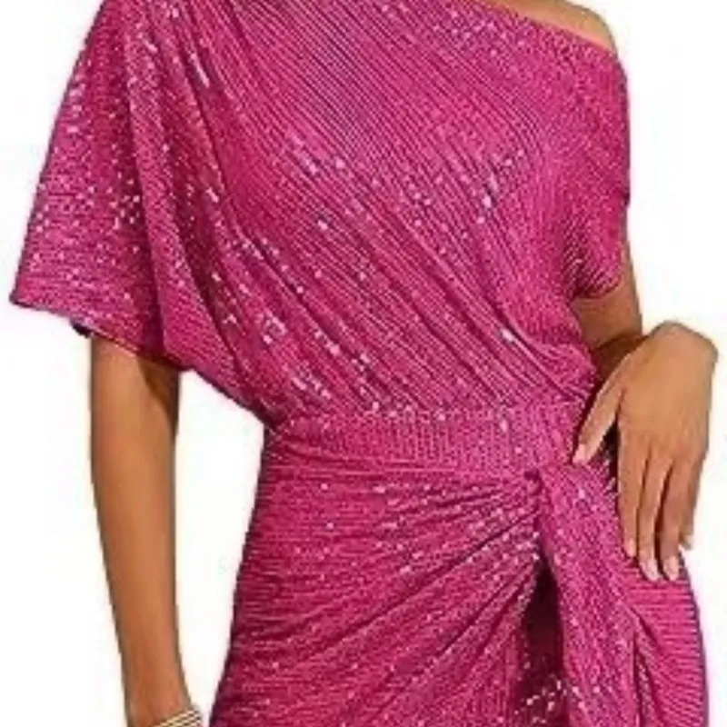 Women's Brimmed Shiny Party Dress One Shoulder Pleated - Rose