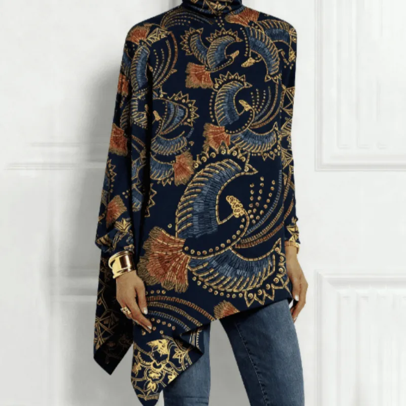 Women's Boho Ethnic Print Turtleneck Tunic - Multicolor