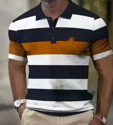 Striped Stitching Fashion Casual Button Short Sleeve
