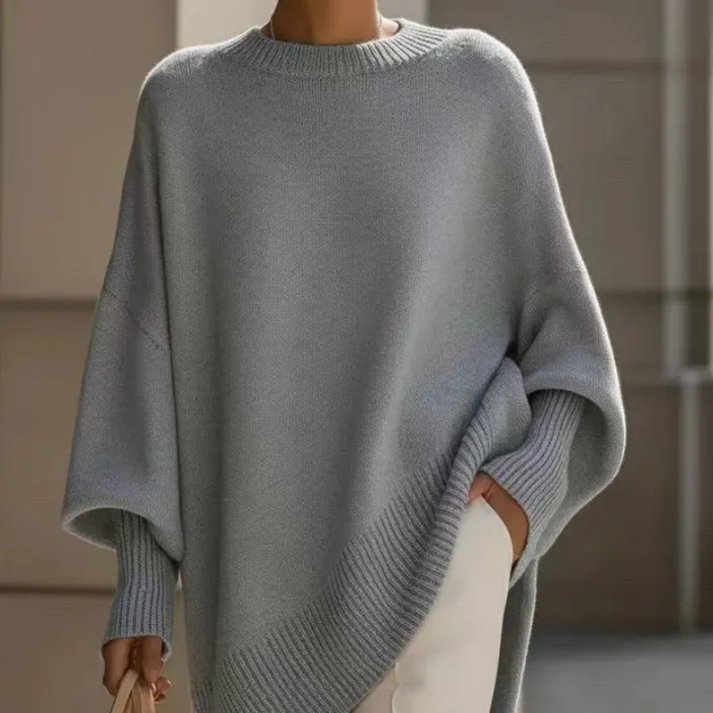 Thick Round Neck Women's Loose All-matching Knitted Pullover Sweater - Light Gray