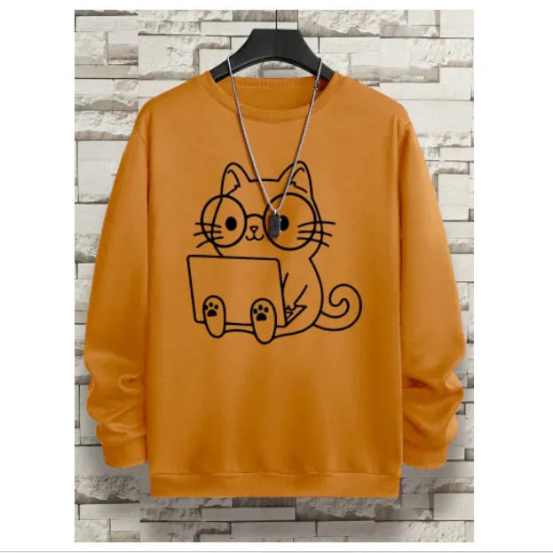 Gentleman Cat At Work Printed Men's Sweatshirt Hip Hop Loose Khaki - Shop at LoveMi