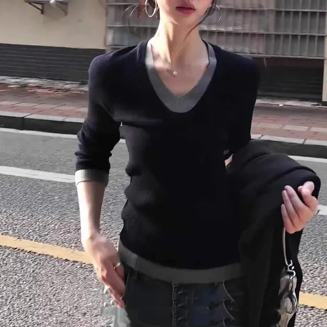 Korean Style Fake Two piece V neck Knitted Bottoming Shirt Black - Shop at LoveMi
